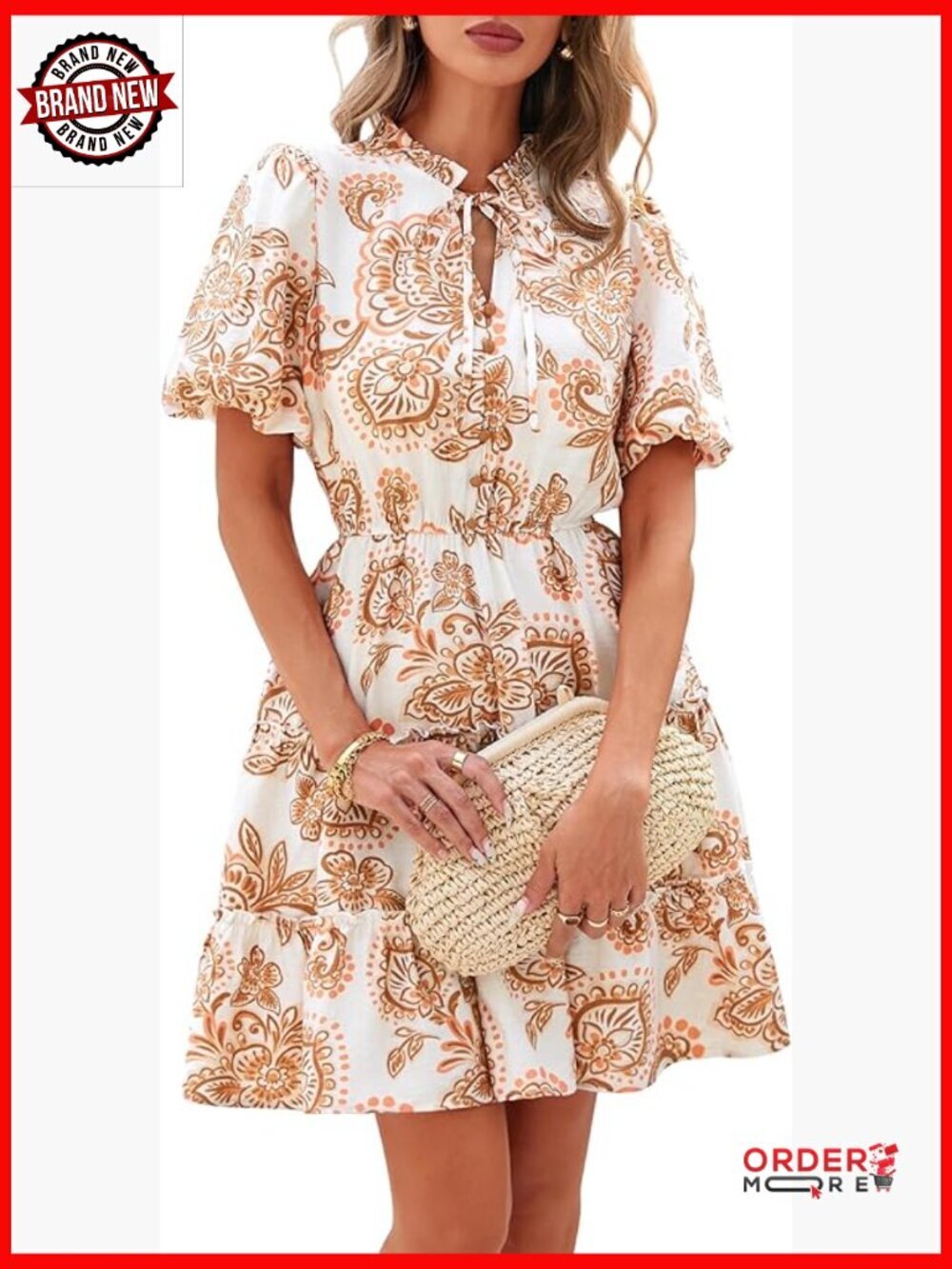 V Neck Floral Boho Mini Dress Short Sleeve Tiered Ruffle A-Line Summer